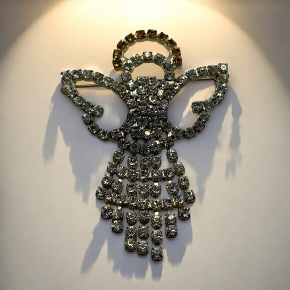 VTG Angel Brooch Pin Cherub w/ Halo Dangling Crystal Clear Rhinestones No Lead - Picture 2 of 14